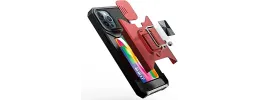 iPhone 15 Multi-Functional Card Magnetic Ring Stand Hybrid Camera Case Cover - Red