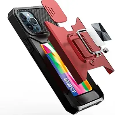iPhone 15 Multi-Functional Card Magnetic Ring Stand Hybrid Camera Case Cover - Red