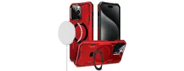 iPhone 15 Plus Magnetic Ring Stand Simplistic Tough Hybrid Case Cover - Red