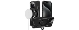 iPhone 15 Plus Magnetic Ring Stand Simplistic Tough Hybrid Case Cover - Black