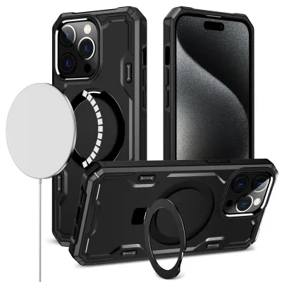 iPhone 15 Plus Magnetic Ring Stand Simplistic Tough Hybrid Case Cover - Black