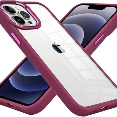 iPhone 15 Finest Transparent Thick Acrylic Hybrid Metal Buttons Cover Case - Burgundy