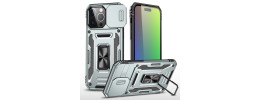 iPhone 15 Utter Tough Metal Ring Movable Camera Window Hybrid Case Cover - Gray