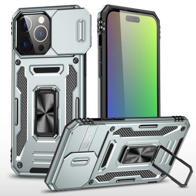 iPhone 15 Utter Tough Metal Ring Movable Camera Window Hybrid Case Cover - Gray