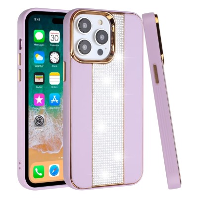 For Apple iPhone 11 (XI6.1) Flashy Diamond Leather Sticked On Hybrid with Chrome Camera Edge - Pink
