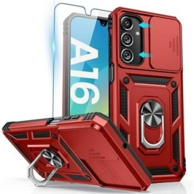 or Samsung A16 5G Card Holder (2X) with Wrist Strap Hybrid With  KickStand - Black+Red