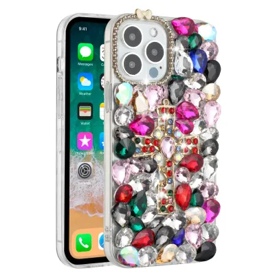 iPhone 15 Cross Full Diamond Bling Case Cover - Multi